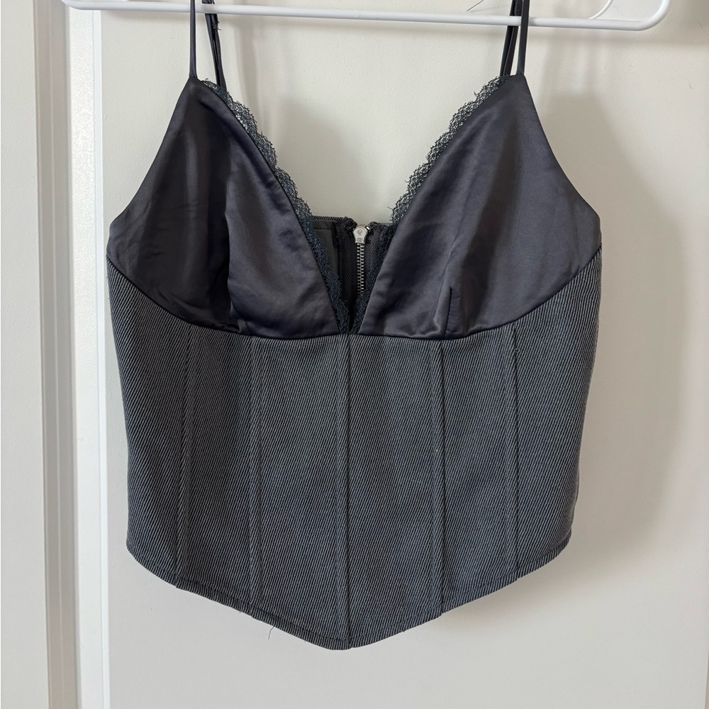 White Fox, charcoal, ribbed and satin crop top. S